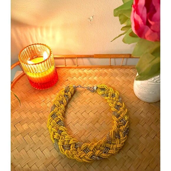 Seed Bead Woven Statement Necklace, Yellow-Silver, 17 inches - Picture 1 of 6